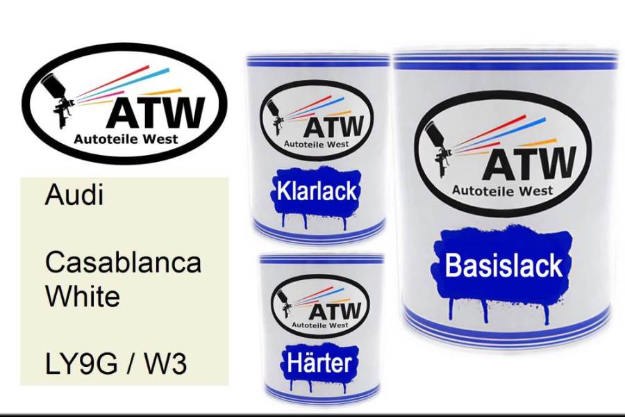 Audi, Casablanca White, LY9G / W3: 1L Lackdose + 1L Klarlack + 500ml Härter - Set, von ATW Autoteile West.